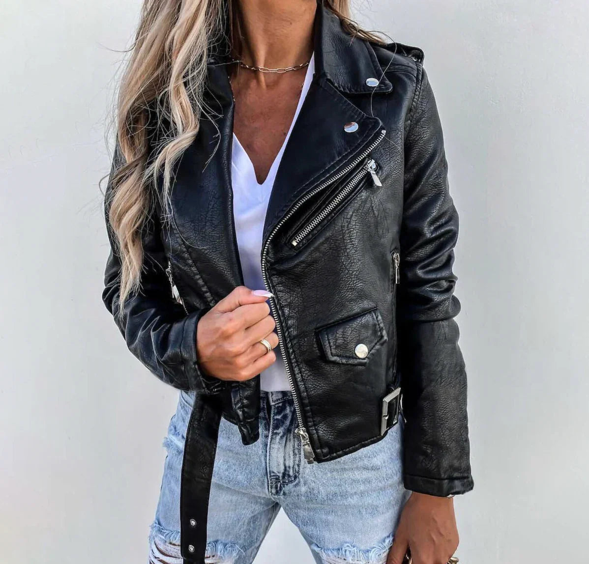 SUENTA Frauen Stilvolle Trendy Jacke Luxuriösem Geschmeidigem - Lederjacke Schwarz
