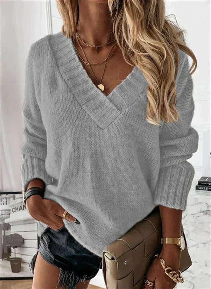 SUENTA Weicher Strickpullover Mit V-Ausschnitt Unkomplizierte Silhouette Komfort Grau