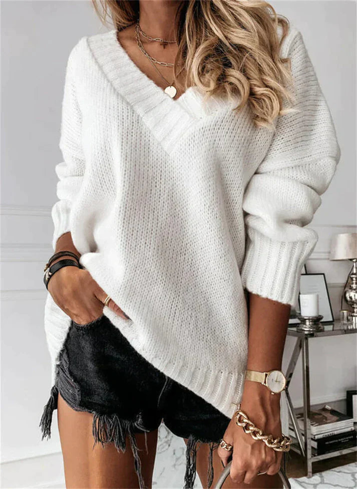 SUENTA Weicher Strickpullover Mit V-Ausschnitt Unkomplizierte Silhouette Komfort Weiß