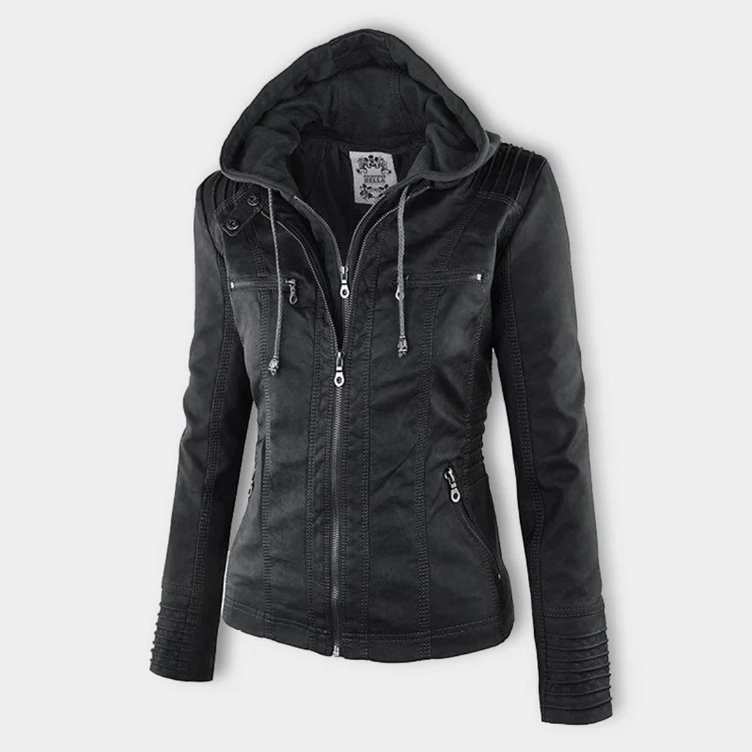 SUENTA Damen Wetterfeste Lederjacke Wasserabweisend Mit Kapuze