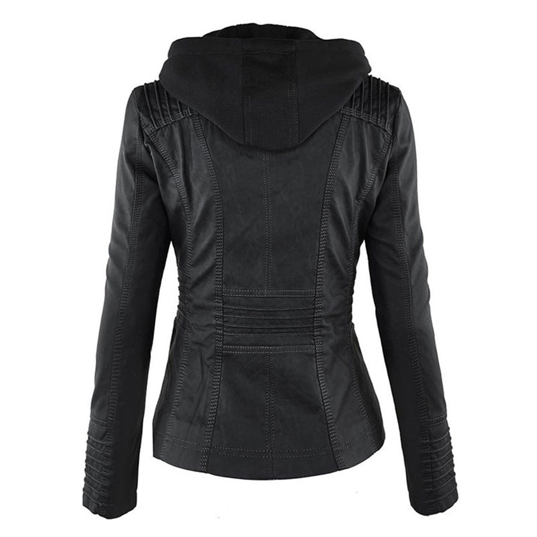 SUENTA Damen Lederjacke Wetterfester Kapuze Schwarz Wasserabweisend
