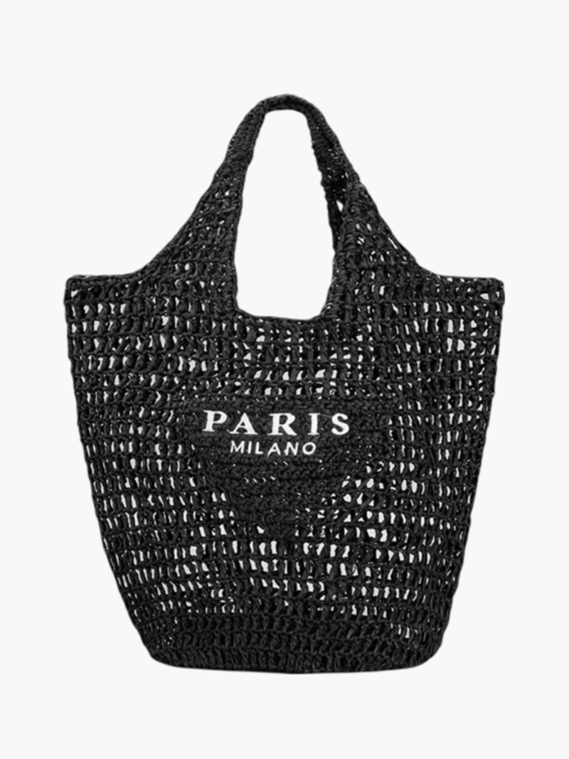 SUENTA Strandtasche Aus Stroh Handgefertigt Paris Print Boho Stil Schwarz One-Size