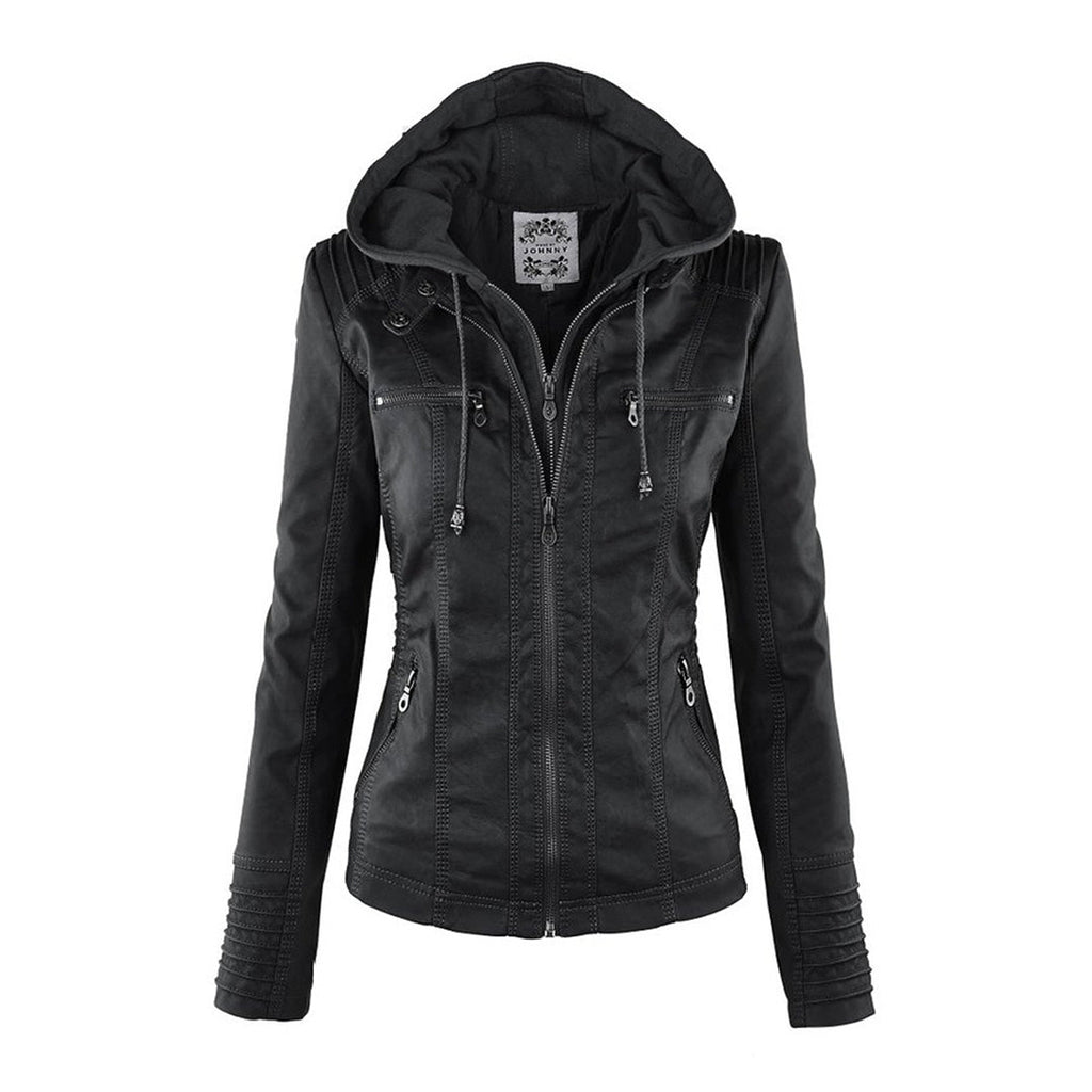 SUENTA Damen Lederjacke Wetterfester Kapuze Schwarz Wasserabweisend Schwarz