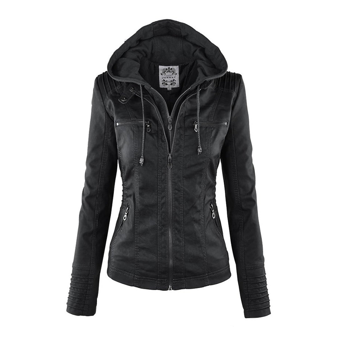 SUENTA Damen Wetterfeste Lederjacke Wasserabweisend Mit Kapuze Schwarz