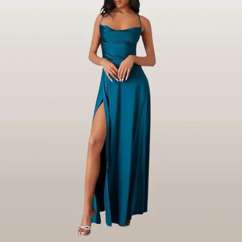 SUENTA Damen Elegantes Maxi-Kleid - Mit Wasserfallausschnitt und Schlitz Blau
