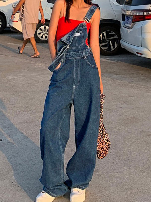 SUENTA Blaue Boyfriend-Denim-Latzhose Baumwollmischung Vintage-Waschungs-Look L