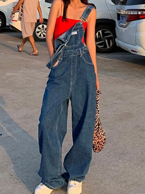 SUENTA Blaue Boyfriend-Denim-Latzhose Baumwollmischung Vintage-Waschungs-Look L