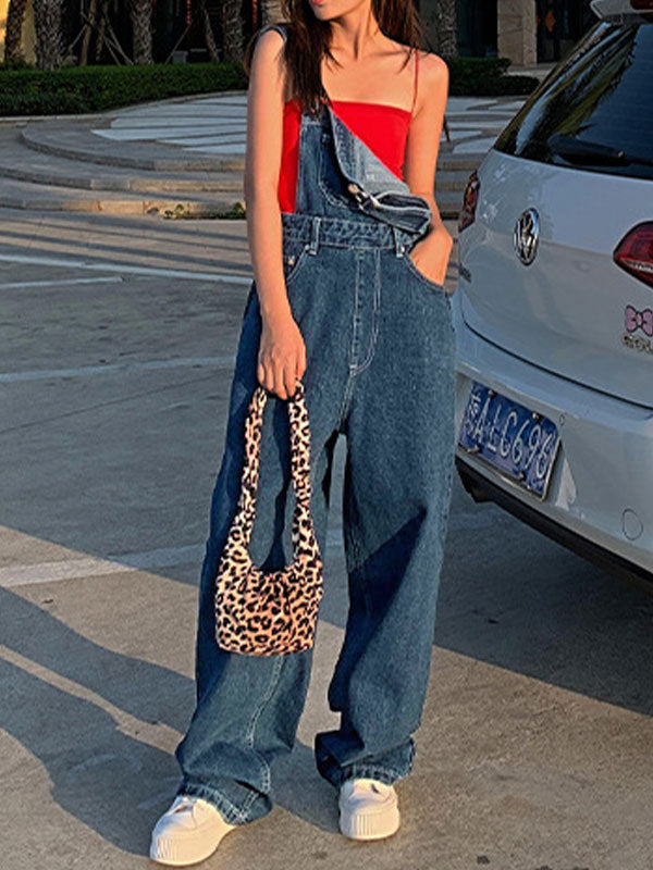 SUENTA Blaue Boyfriend-Denim-Latzhose Baumwollmischung Vintage-Waschungs-Look