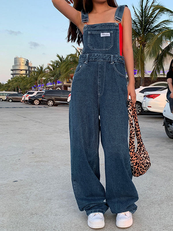 SUENTA Blaue Boyfriend-Denim-Latzhose Baumwollmischung Vintage-Waschungs-Look