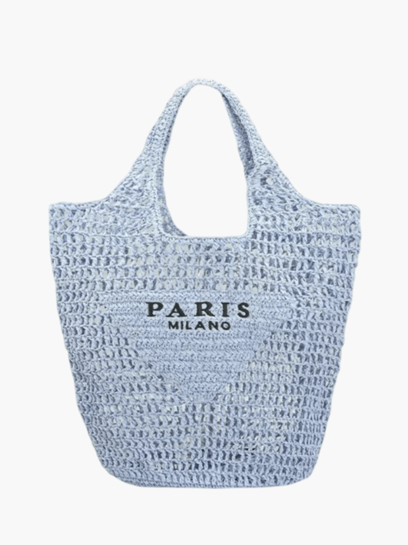 SUENTA Strandtasche Aus Stroh Handgefertigt Paris Print Boho Stil Blau One-Size
