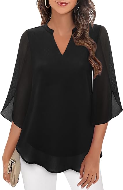 SUENTA Bluse Dreiviertel Ärmel Fließender Stoff Formeller Stil Schwarz