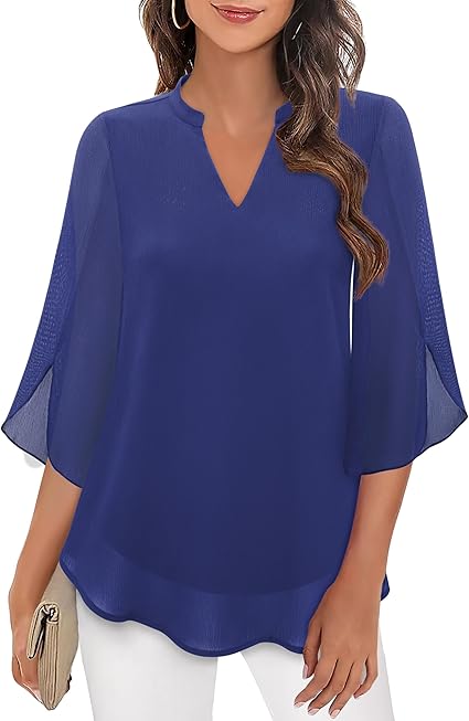 SUENTA Bluse Dreiviertel Ärmel Fließender Stoff Formeller Stil Blau