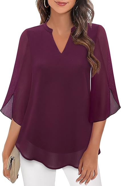 SUENTA Bluse Dreiviertel Ärmel Fließender Stoff Formeller Stil Burgund