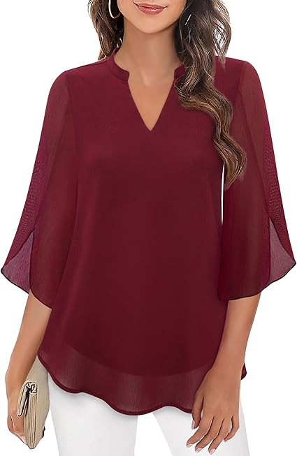 SUENTA Bluse Dreiviertel Ärmel Fließender Stoff Formeller Stil Weinrot