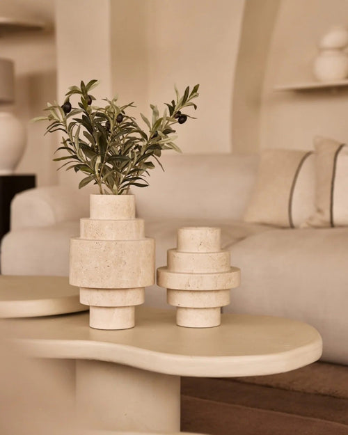 Bodenvase Beige Travertin Geometrisches Design für Moderne Dekoration 1
