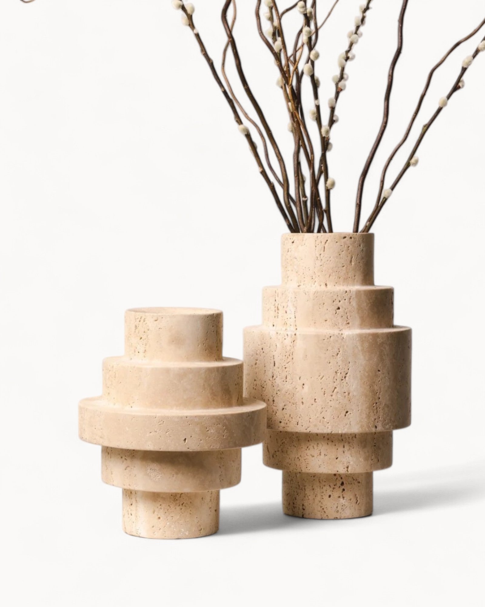 Bodenvase Beige Travertin Geometrisches Design für Moderne Dekoration 3