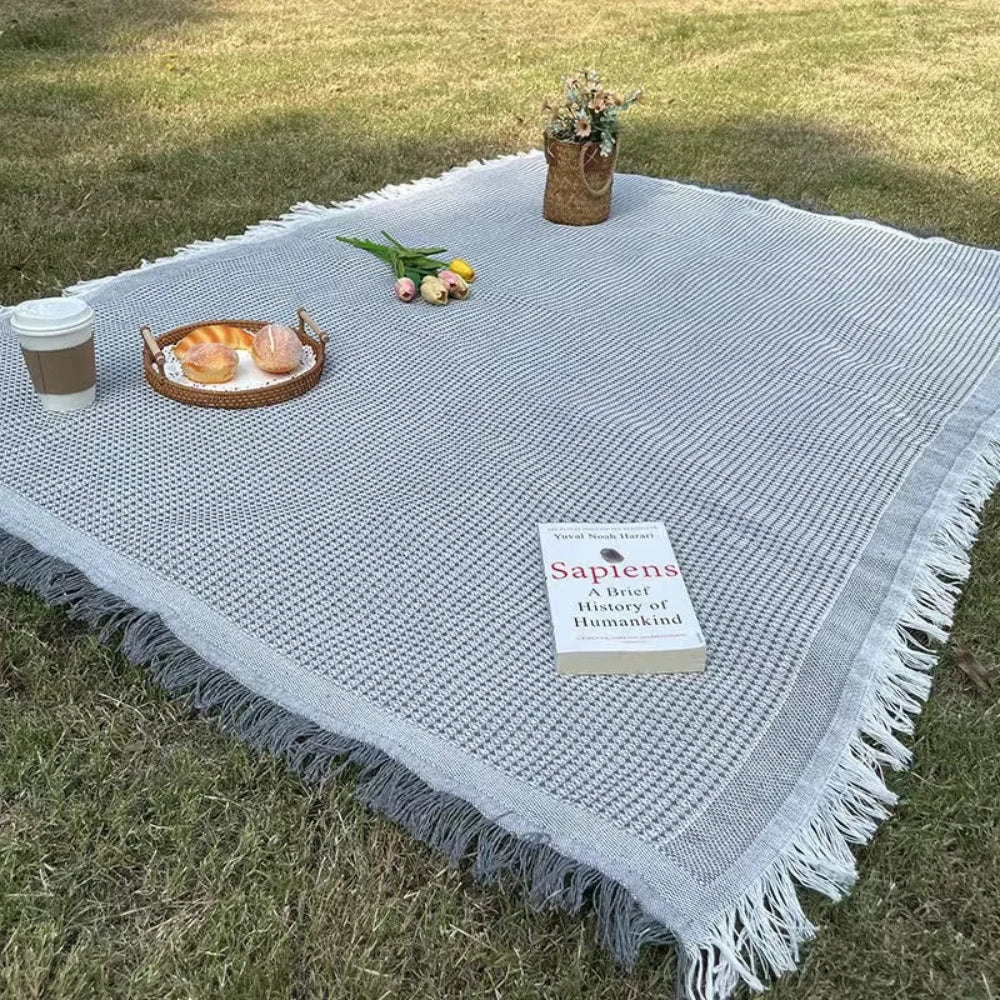 SUENTA Boho Picknick Decke Gewebte Outdoor Decke Mit Quasten Grau
