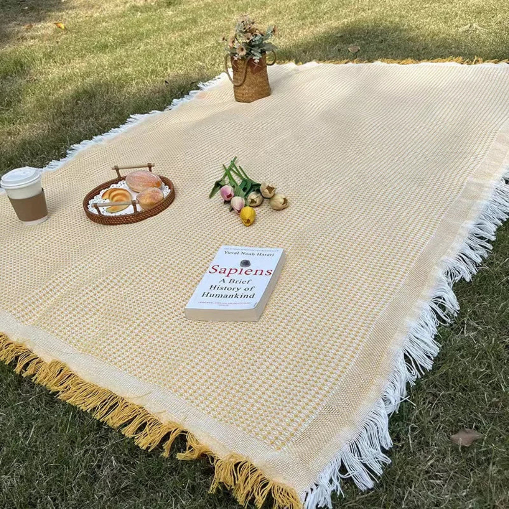 SUENTA Boho Picknick Decke Gewebte Outdoor Decke Mit Quasten Gelb