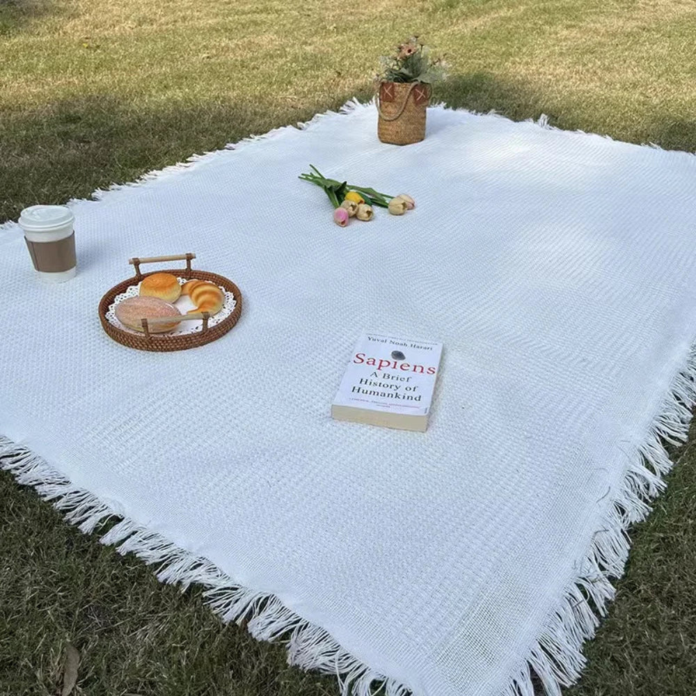 SUENTA Boho Picknick Decke Gewebte Outdoor Decke Mit Quasten Weiß