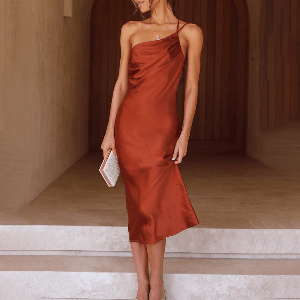 SUENTA Damen Midi-Kleid für Hochzeitsgäste - Formell mit einer Schulter