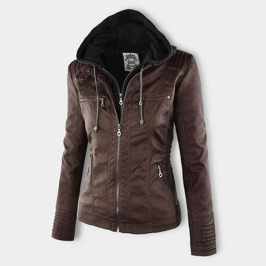 SUENTA Damen Lederjacke Wetterfester Kapuze Schwarz Wasserabweisend