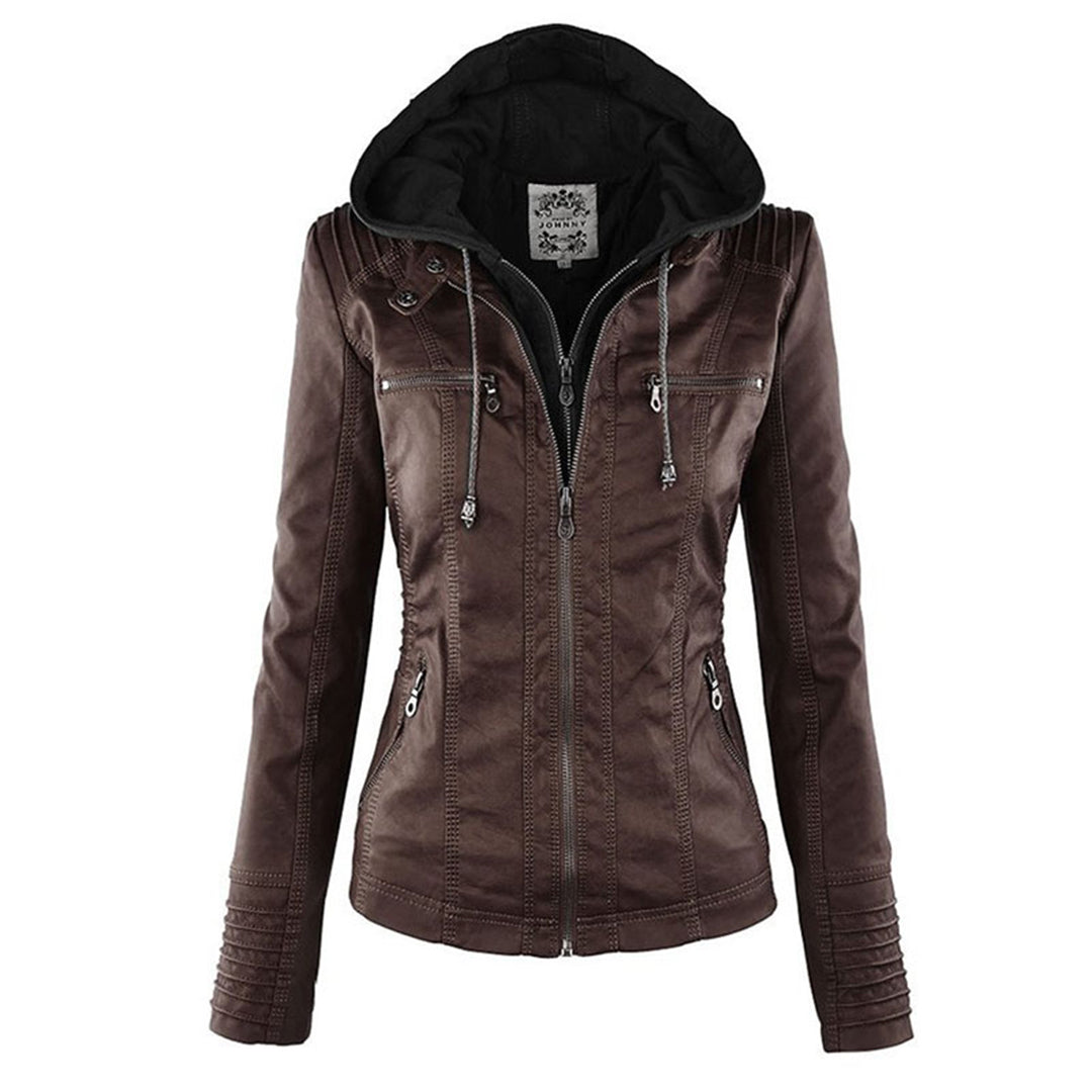 SUENTA Damen Lederjacke Wetterfester Kapuze Schwarz Wasserabweisend Braun