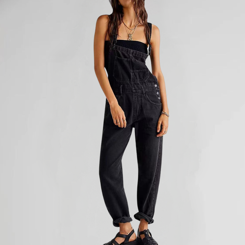 SUENTA Damen Latzhose – Bequeme Denim Hose mit Cross-Back-Design Schwarz