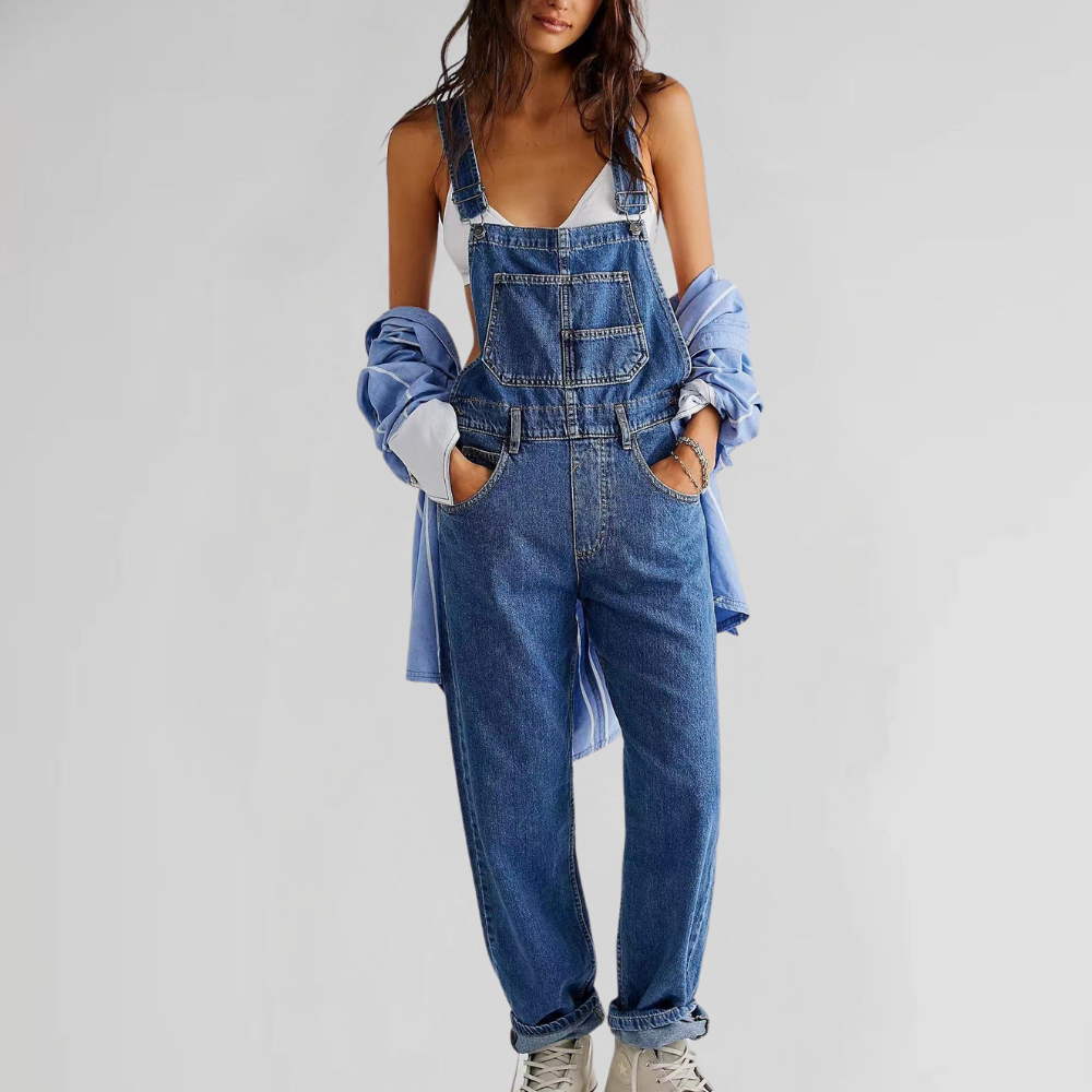 SUENTA Damen Latzhose – Bequeme Denim Hose mit Cross-Back-Design Dunkel blau