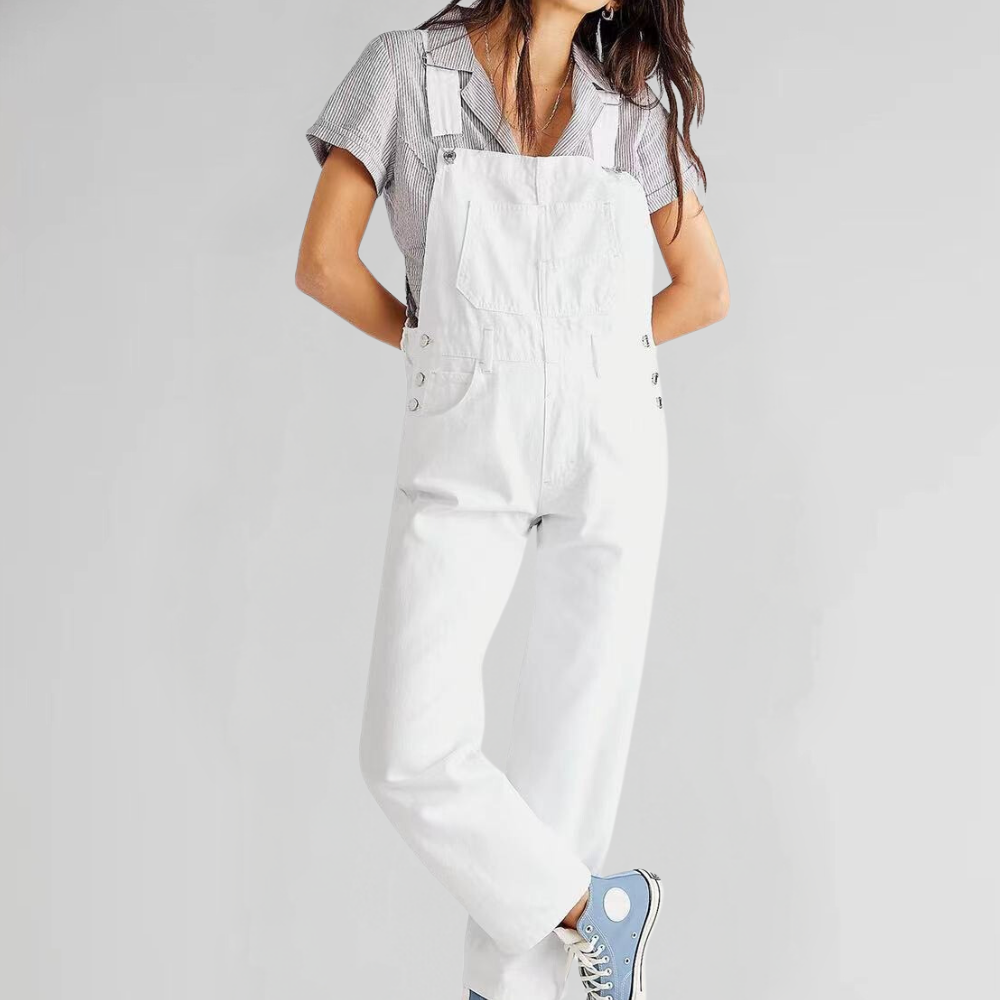 SUENTA Damen Latzhose – Bequeme Denim Hose mit Cross-Back-Design Weiss