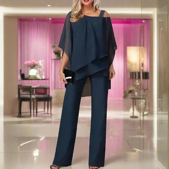 SUENTA Damen Luxus Chiffon Zweiteiler – Modernes Set für Elegante Abende S–3XL Marineblau