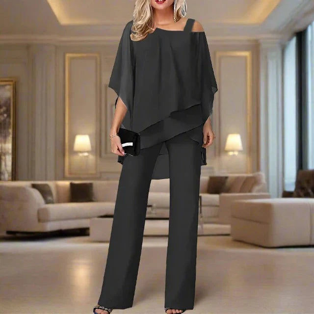 SUENTA Damen Luxus Chiffon Zweiteiler – Modernes Set für Elegante Abende S–3XL Schwarz