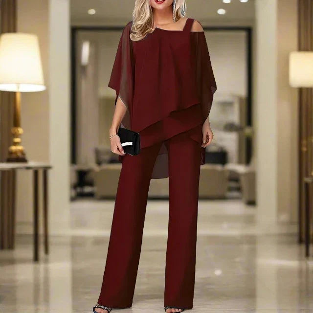 SUENTA Damen Luxus Chiffon Zweiteiler – Modernes Set für Elegante Abende S–3XL Rot