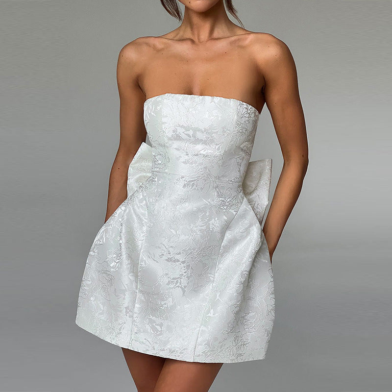 SUENTA Sephira | Damen Mini-Abendkleid in Champagner – Schulterfrei & Elegante Schleife Weiß