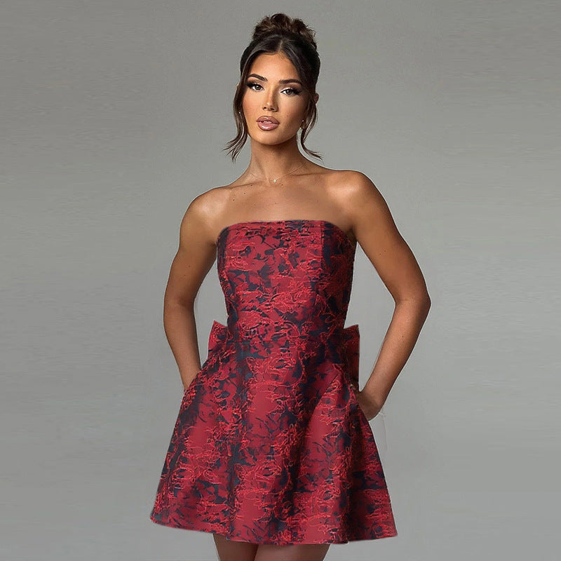SUENTA Sephira | Damen Mini-Abendkleid in Champagner – Schulterfrei & Elegante Schleife Rotwein