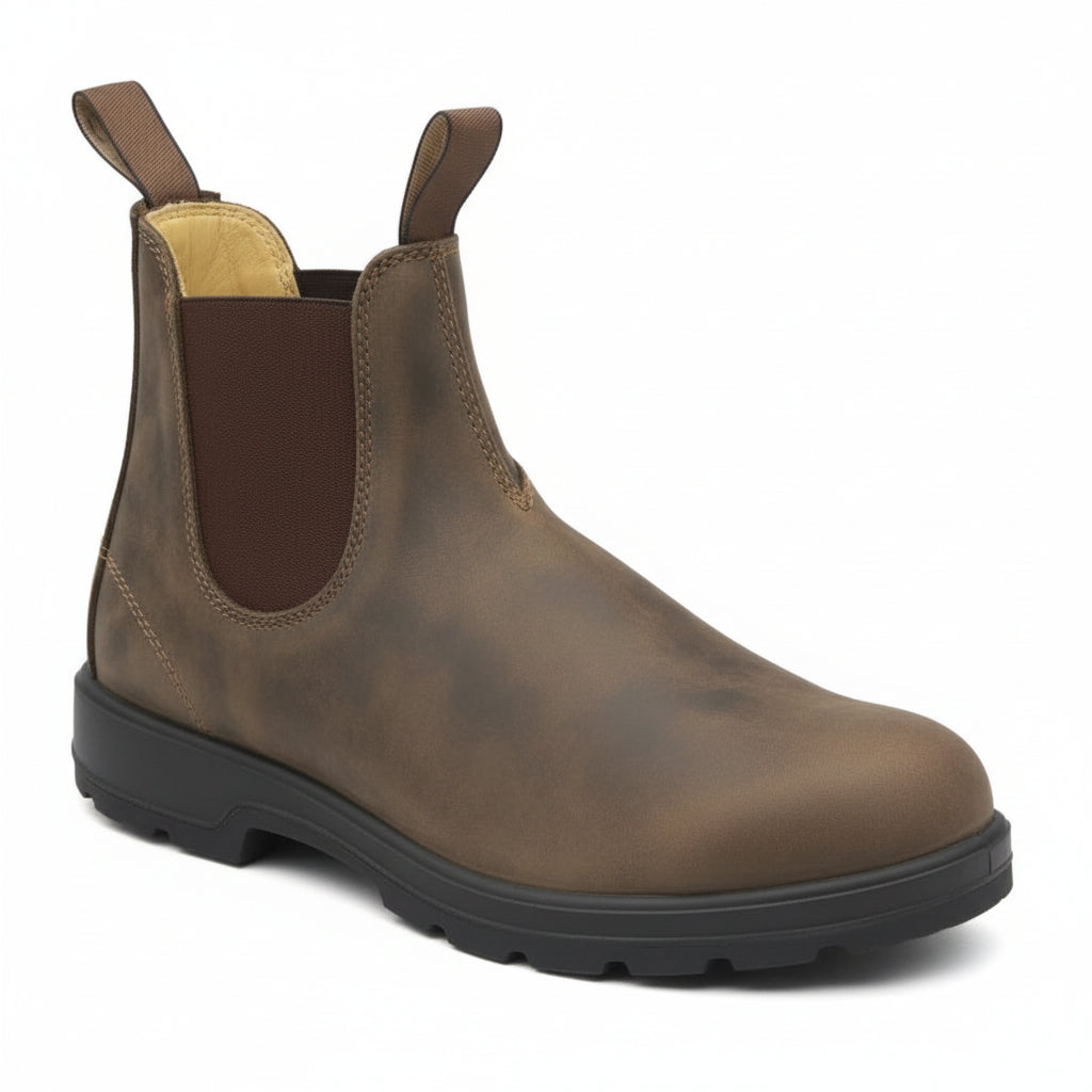 SUENTA Damen Chelsea Boots Elastischer Seiteneinsatz Slip-On-Design Anziehschlaufen Kaffee