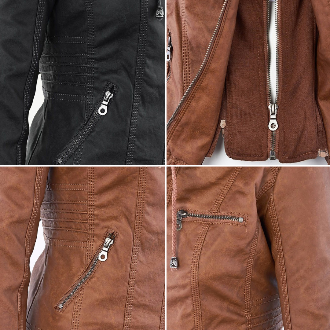 SUENTA Damen Wetterfeste Lederjacke Wasserabweisend Mit Kapuze