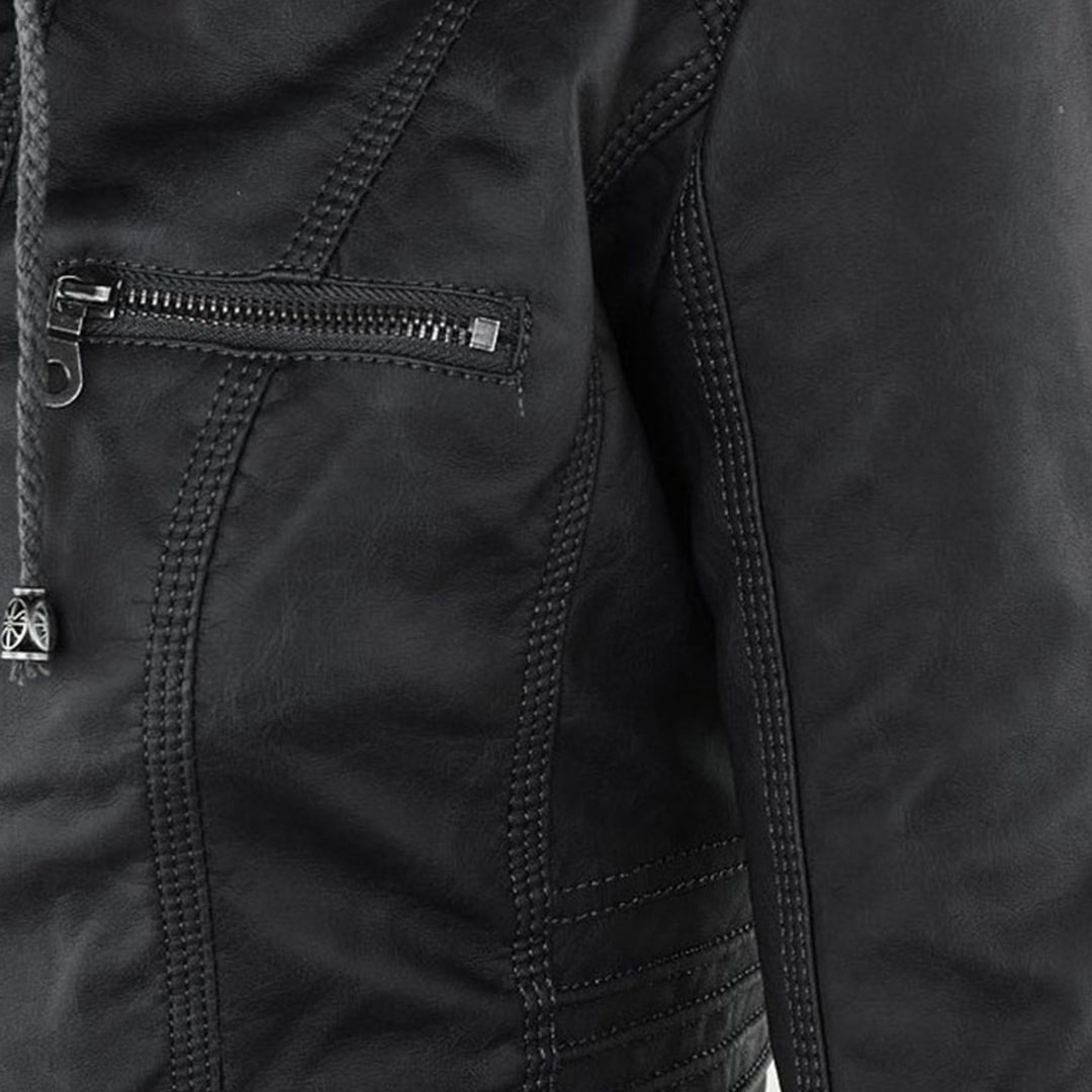 SUENTA Damen Lederjacke Wetterfester Kapuze Schwarz Wasserabweisend