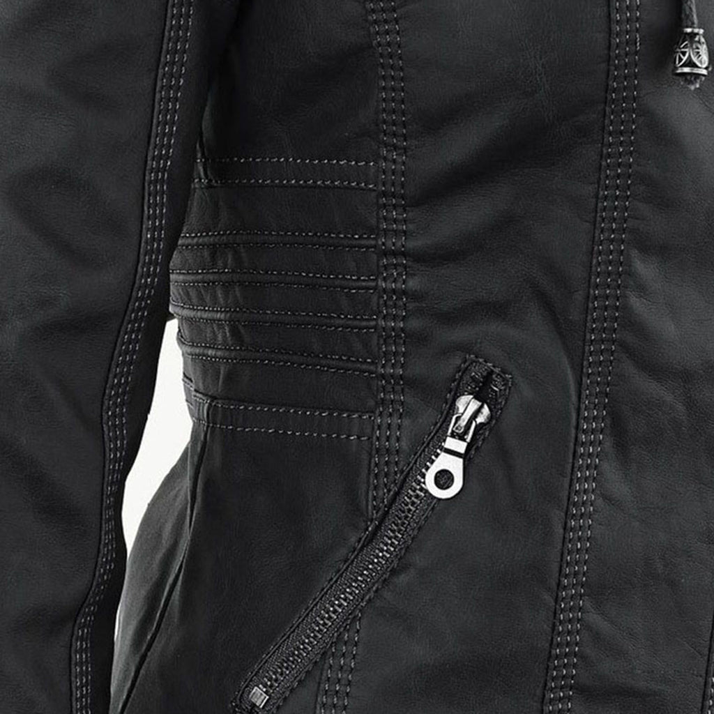 SUENTA Damen Lederjacke Wetterfester Kapuze Schwarz Wasserabweisend