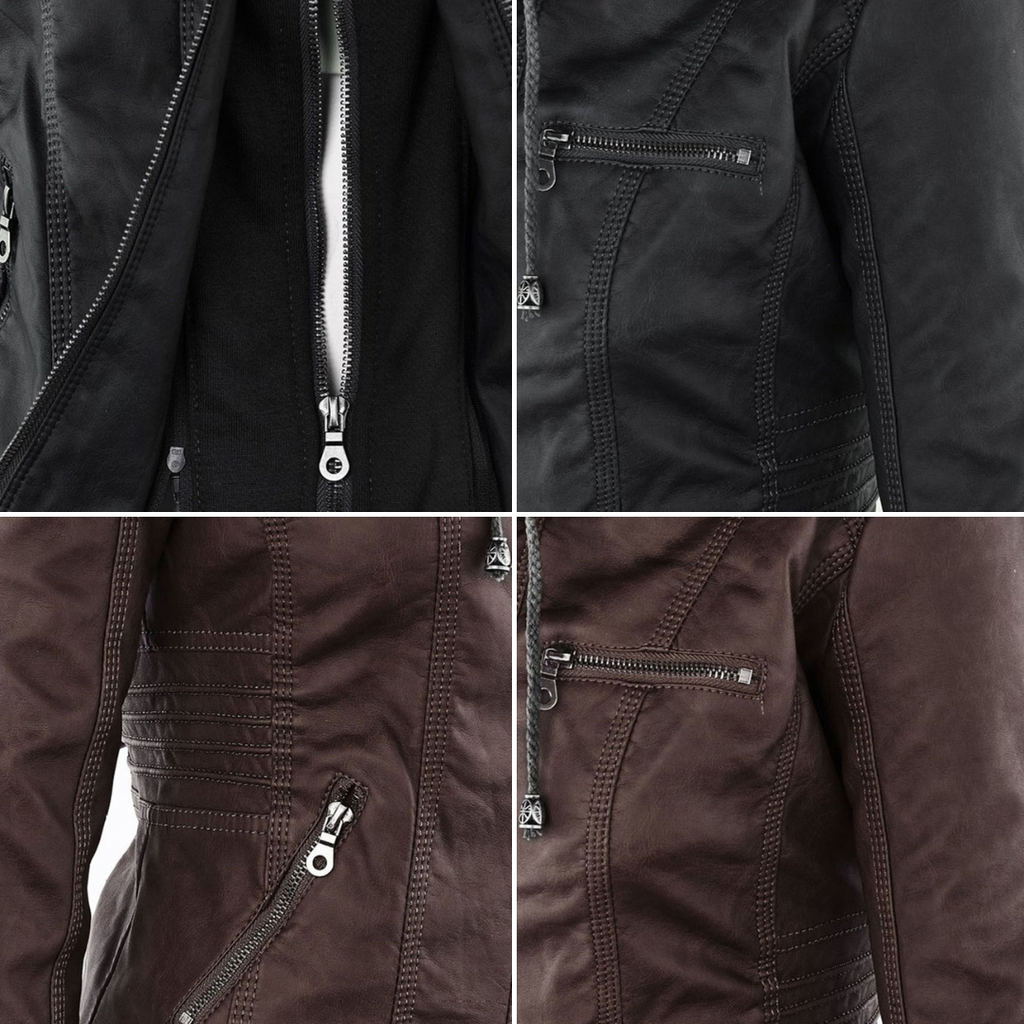 SUENTA Damen Wetterfeste Lederjacke Wasserabweisend Mit Kapuze