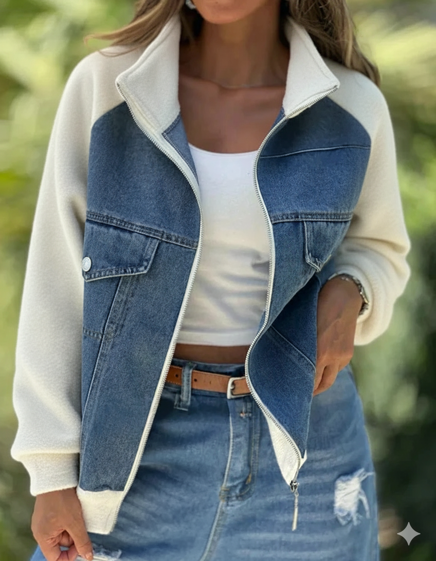 SUENTA Damen College-Übergangsjacke Denim-Optik Leicht Charme Weiß