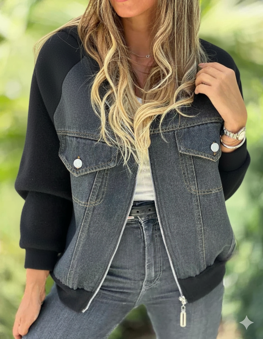SUENTA Damen College-Übergangsjacke Denim-Optik Leicht Charme Schwarz