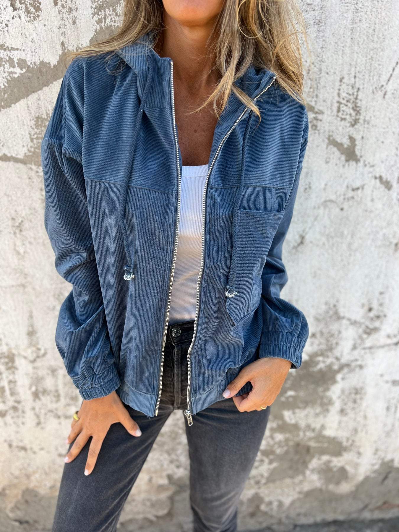 SUENTA Damen Cord-Übergangsjacke Mit Kapuze Und Zipper Leicht Blau