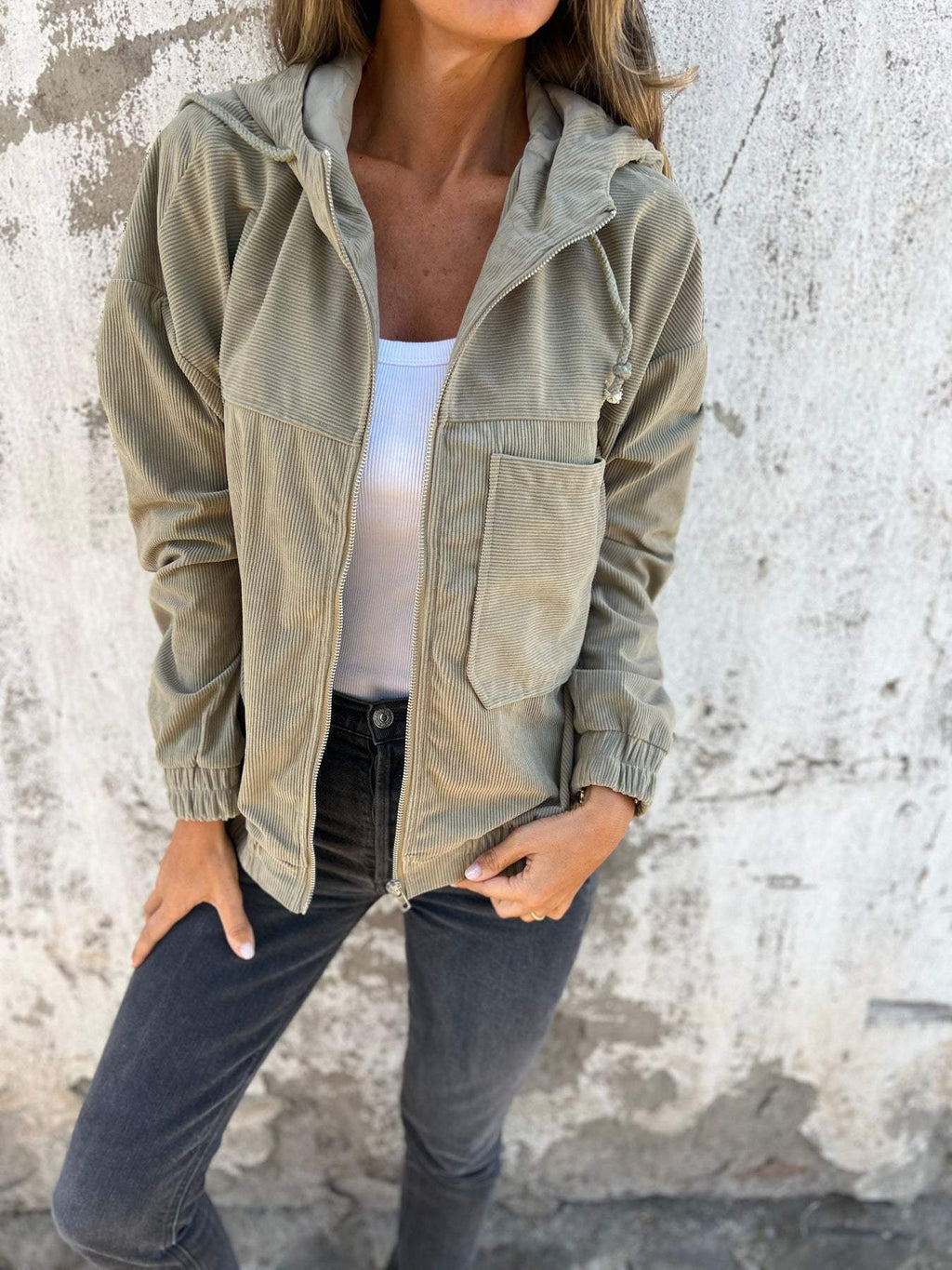 SUENTA Damen Cord-Übergangsjacke Mit Kapuze Und Zipper Leicht Beige