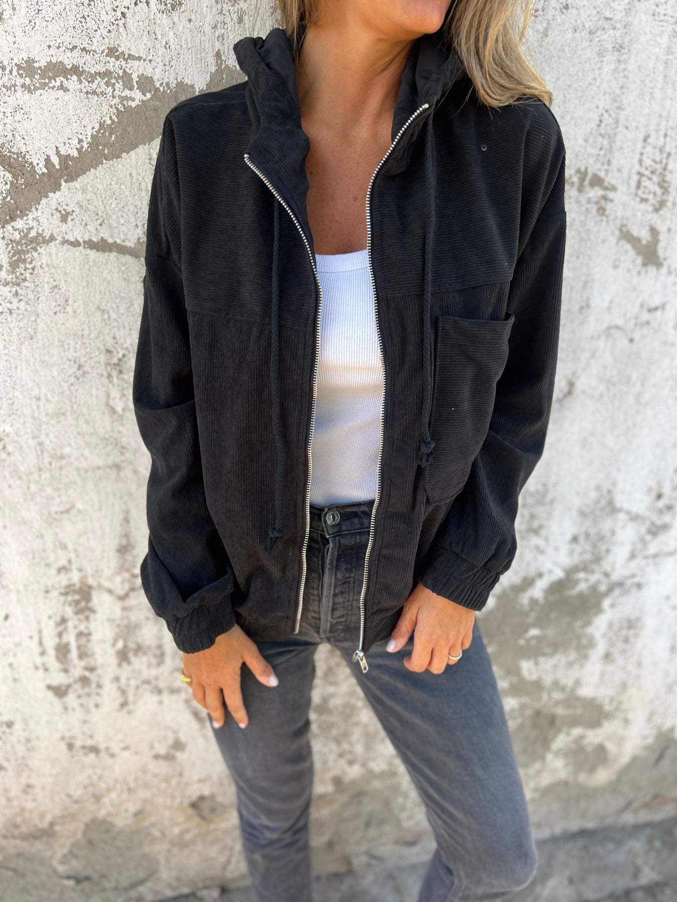SUENTA Damen Cord-Übergangsjacke Mit Kapuze Und Zipper Leicht Schwarz