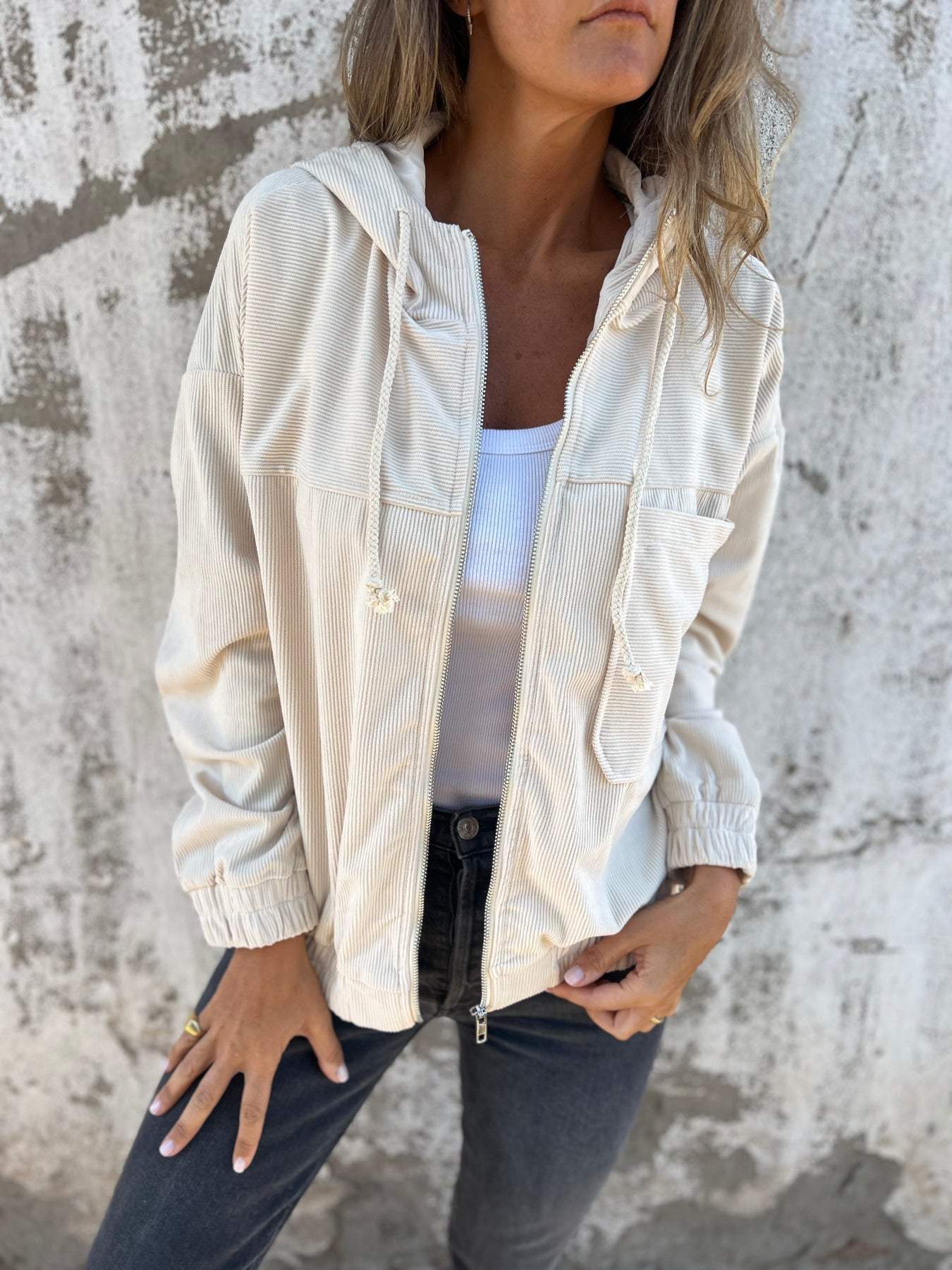 SUENTA Damen Cord-Übergangsjacke Mit Kapuze Und Zipper Leicht Weiß