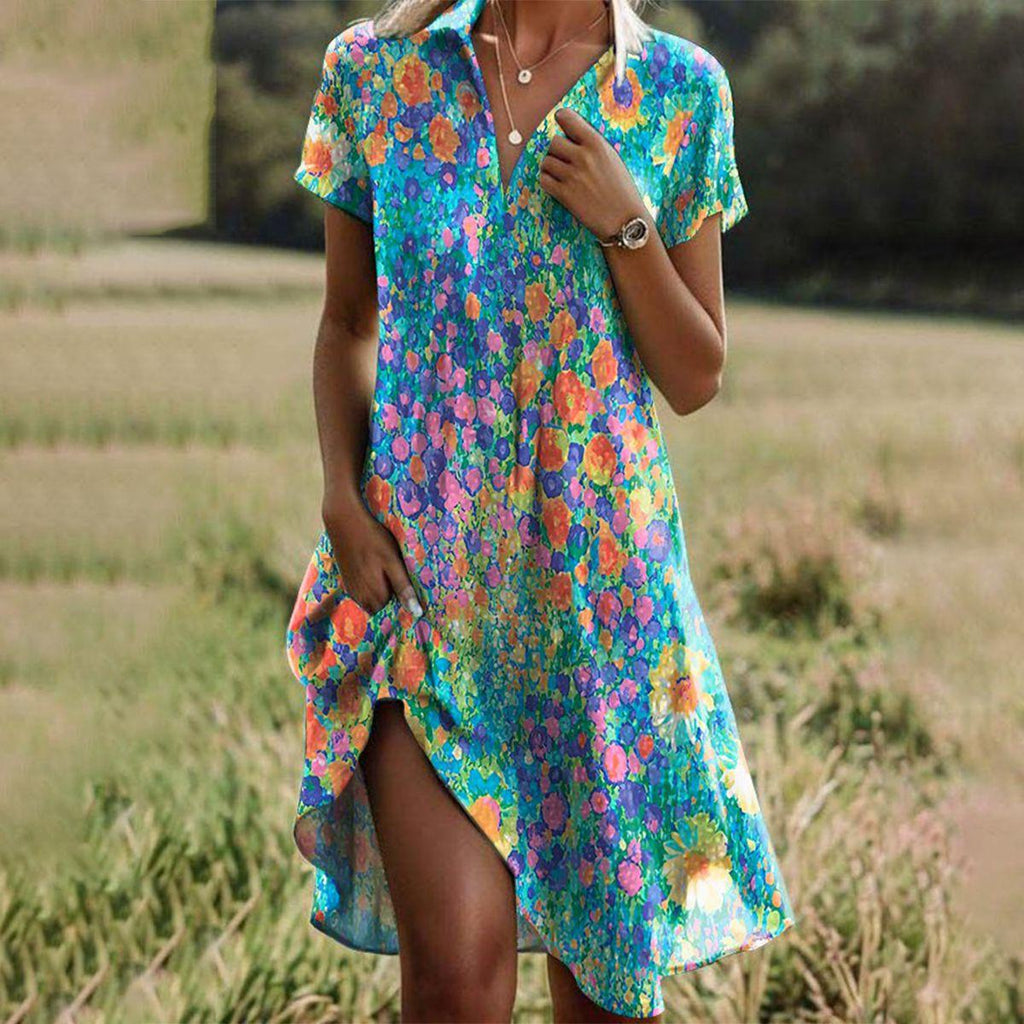 SUENTA Pasha | Damen-Sommerkleid mit buntem Blumendruck und kurzen Ärmeln FlerFarbet