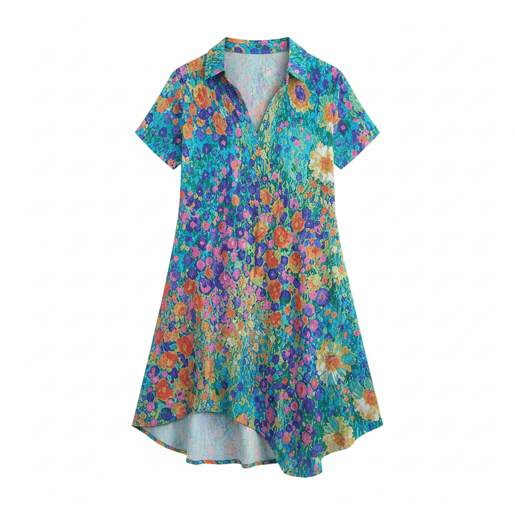 SUENTA Pasha | Damen-Sommerkleid mit buntem Blumendruck und kurzen Ärmeln