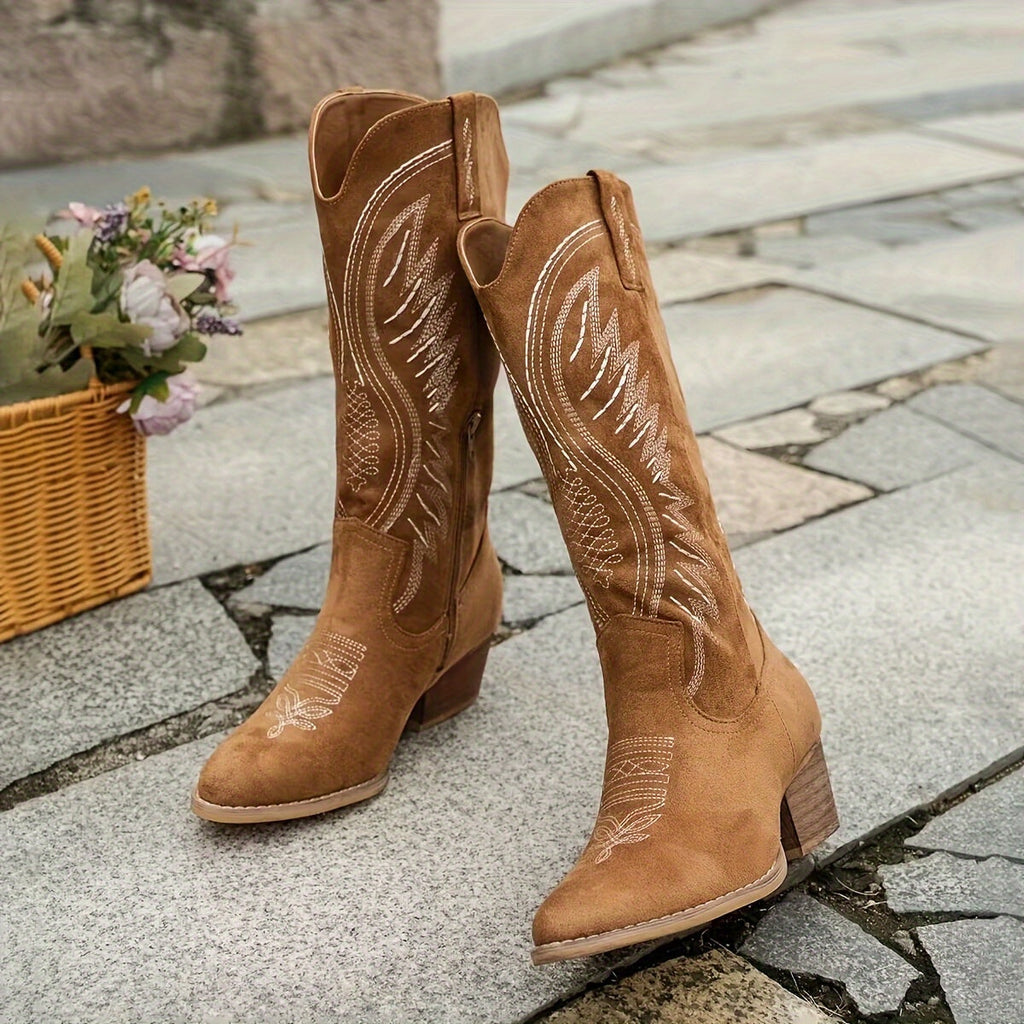 SUENTA Damen-Cowboystiefel Aus Wildleder Mit Blockabsatz Zeitloser Stil Hellbraun