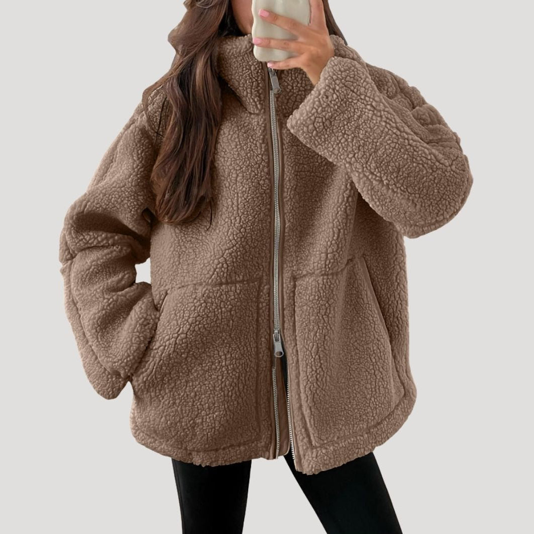 SUENTA Damen Fleecejacke Weiche Warme Flauschigen Textur Fleece-Material Reißverschluss Braun