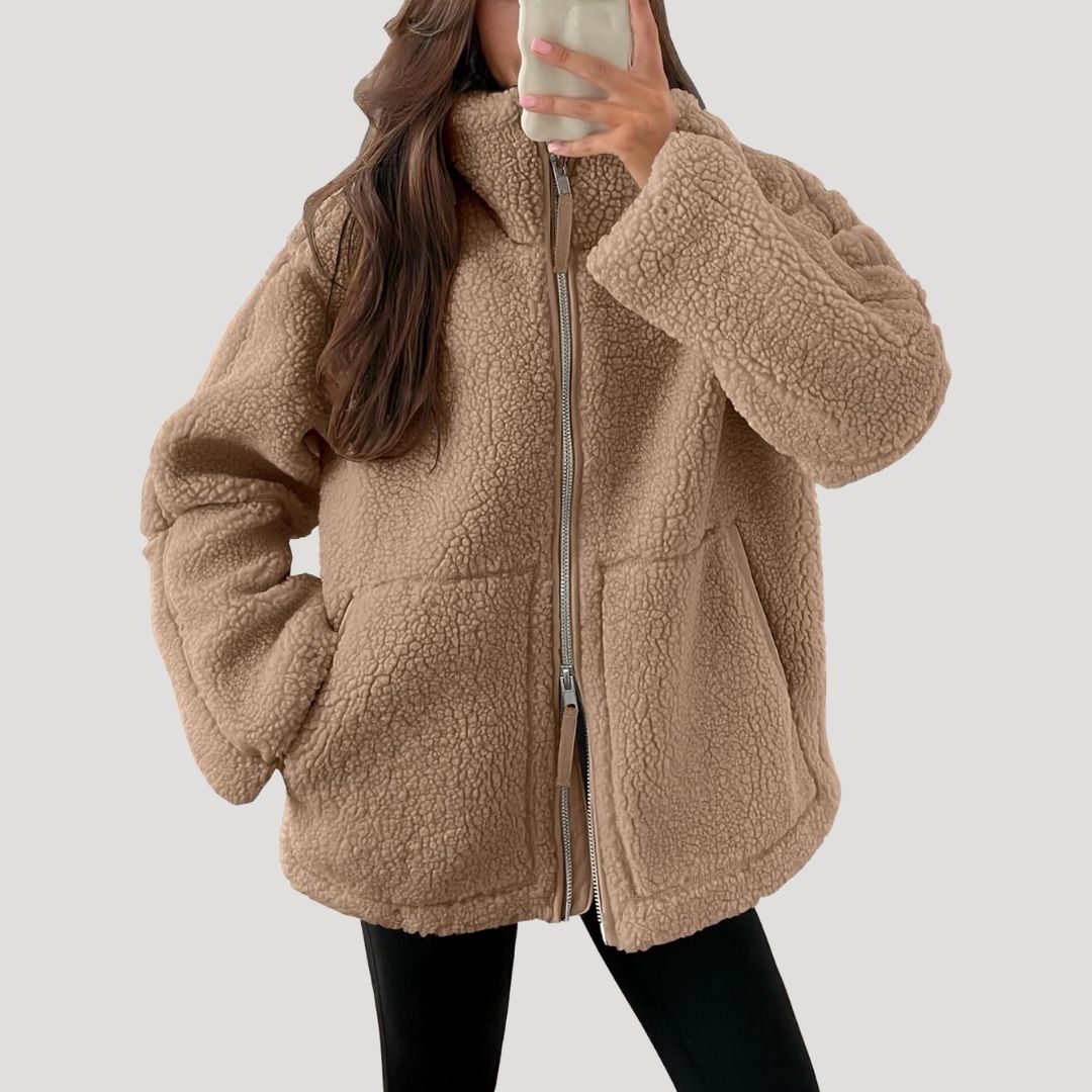 SUENTA Damen Fleecejacke Weiche Warme Flauschigen Textur Fleece-Material Reißverschluss Beige